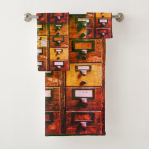 Vintage library card catalog wood cabinet bath towel set