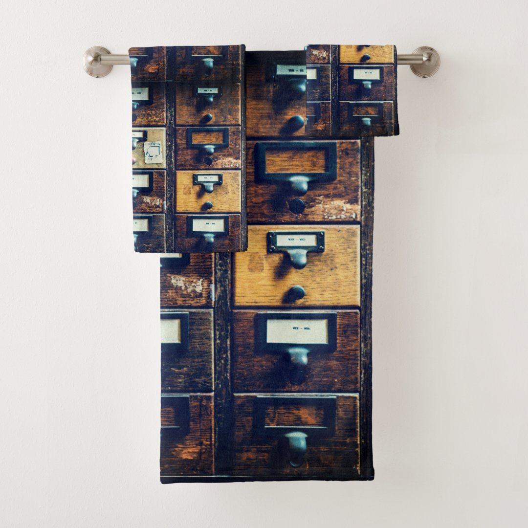 Vintage library card catalog wood bath towel set Zazzle