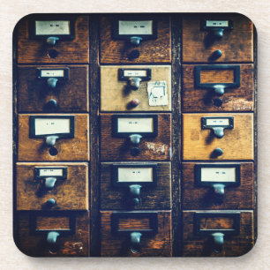 Vintage library card catalog wood cabinet beverage coaster