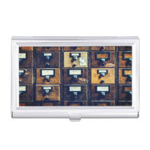Vintage library card catalog wood cabinet business card case