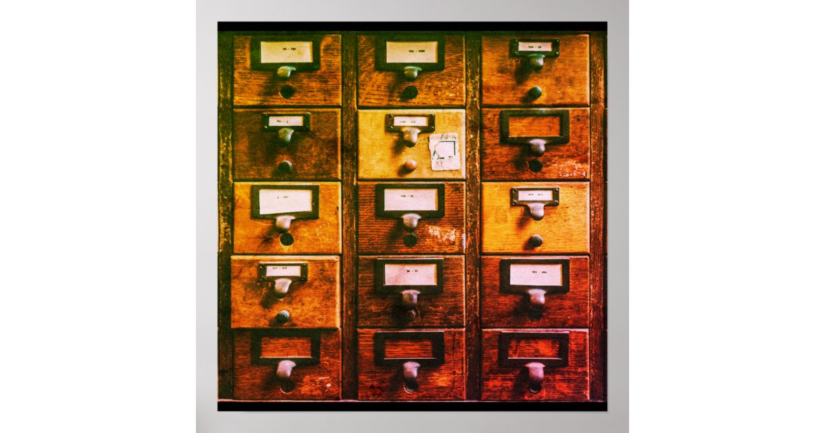 Vintage library card catalog wood cabinet poster | Zazzle
