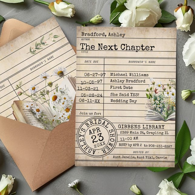 Vintage Library Card Floral Books Bridal Shower (Rustic library reading floral books vintage typewriter font The Next Chapter Bridal Shower Invite )