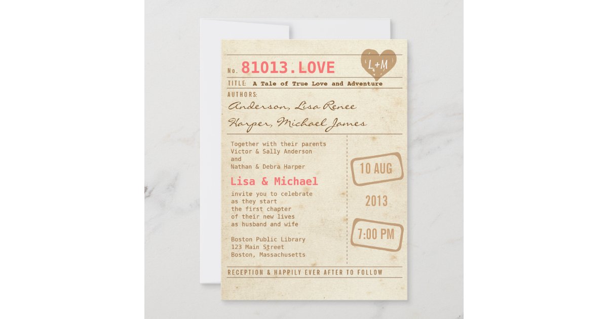 Vintage Library Card Wedding Invitation | Zazzle