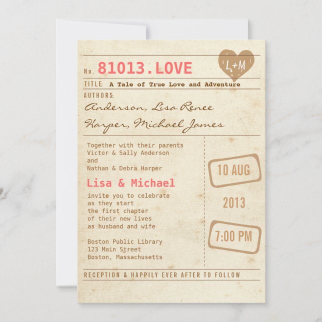 Vintage Library Card Wedding Invitation (Front)
