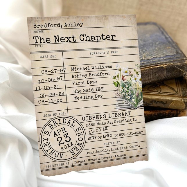 Vintage Library Card Wildflower Book Bridal Shower (Rustic library card floral books vintage typewriter font The Next Chapter Bridal Shower Invitation)