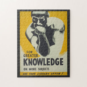 Vintage Library Knowledge Thinker Statue Poster Jigsaw Puzzle