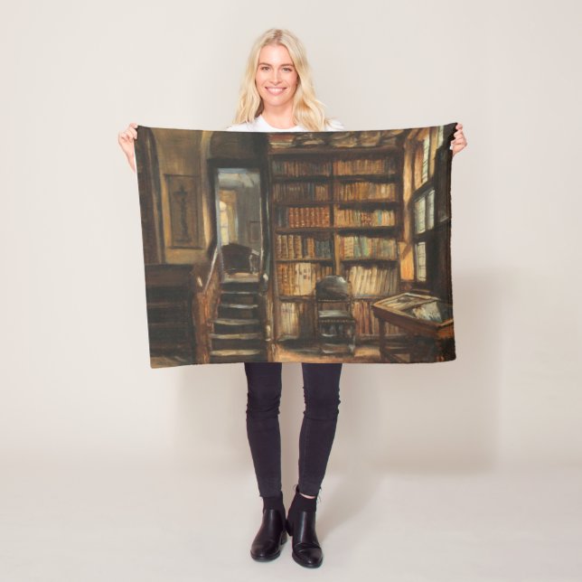 Vintage Library Painting, Moody Tones, Bookish Fleece Blanket (In Situ)