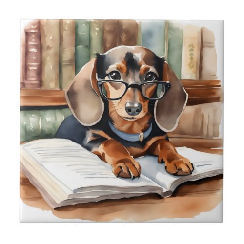 Vintage Library Watercolor Dachshund Ceramic Tile