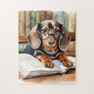 Vintage Library Watercolor Dachshund Jigsaw Puzzle