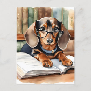 Vintage Library Watercolor Dachshund Postcard
