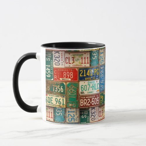 vintage license plate collection mug