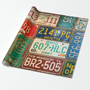 vintage license plate collection wrapping paper