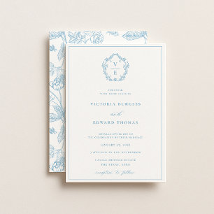 Vintage Light Blue Crest Monogram Wedding Invitation