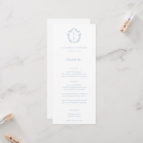 Vintage Light Blue Monogram Crest Floral Menu Invitation