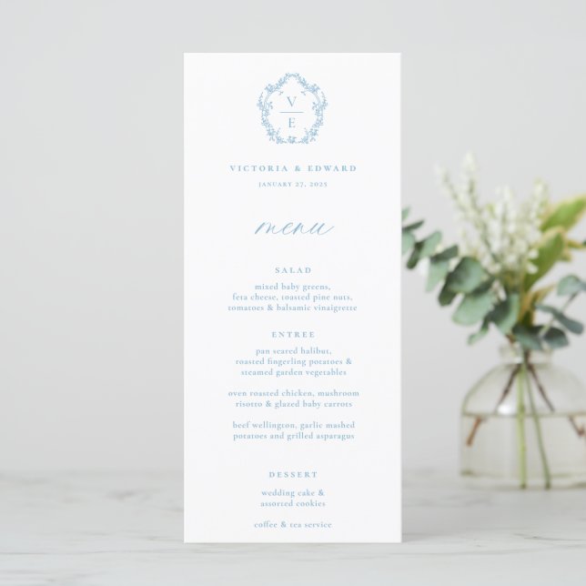 Vintage Light Blue Monogram Crest Floral Wedding Menu (Standing Front)