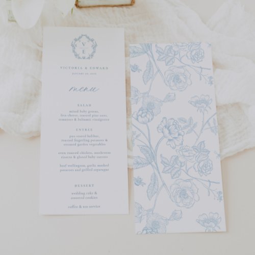 Vintage Light Blue Monogram Crest Floral Wedding Menu