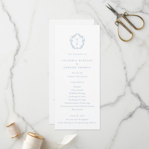 Vintage Light Blue Monogram Crest Wedding Program