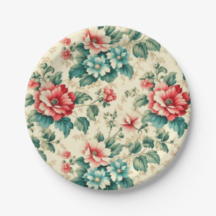 Vintage light blue red Victorian floral design Paper Plates