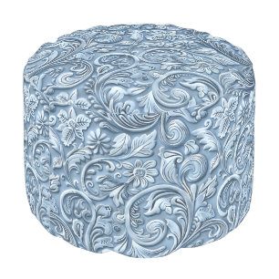 Vintage light blue tooled leather pouf