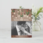 Vintage Light Brick Christmas Winter Wedding Save The Date<br><div class="desc">wedding save the date with Vintage edison lights decorated with winter greenery and holly berries at top over a brick background with snow and custom photo and text.</div>