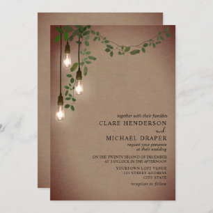 Vintage Light Bulb Botanical Garland Wedding Invitation