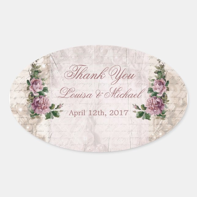Vintage light pink roses Wedding Thank You Sticker (Front)