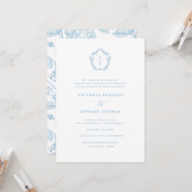 Vintage Light Sky Blue Crest Monogram Wedding Invitation (Front/Back In Situ)