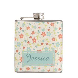 Vintage Light Spring Busy Floral Personalised Hip Flask