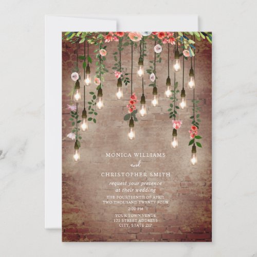 Vintage Lightbulb Brick Floral Wedding Invitation