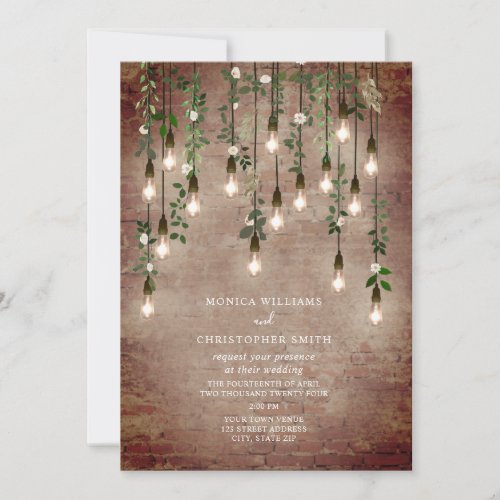 Vintage Lightbulb Brick White Floral Wedding Invitation