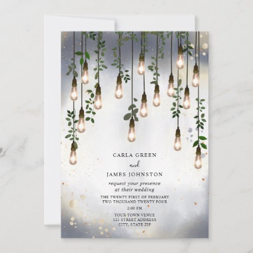 Vintage Lightbulbs Botanical Watercolor Wedding Invitation