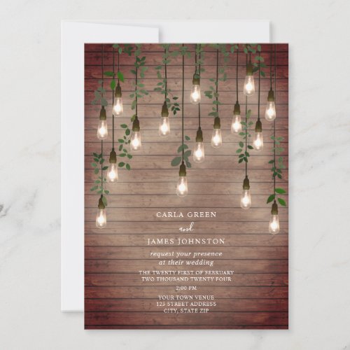 Vintage Lightbulbs Botanical Wood Wedding Invitation