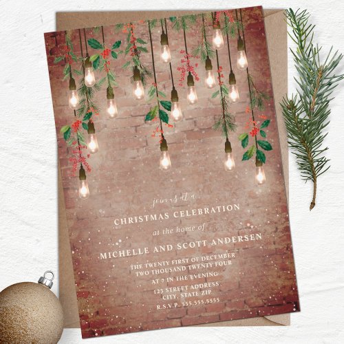 Vintage Lightbulbs Brick Christmas Holly Snow Invitation