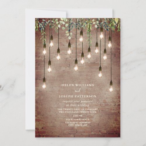 Vintage Lightbulbs Greenery Brick Wedding Invitati Invitation