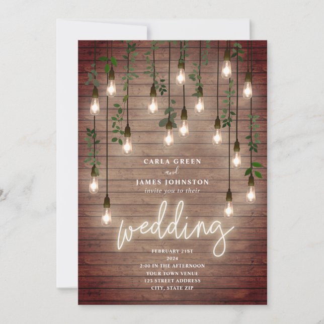 Vintage Lightbulbs Neon Sign Wood Wedding Invitation (Front)