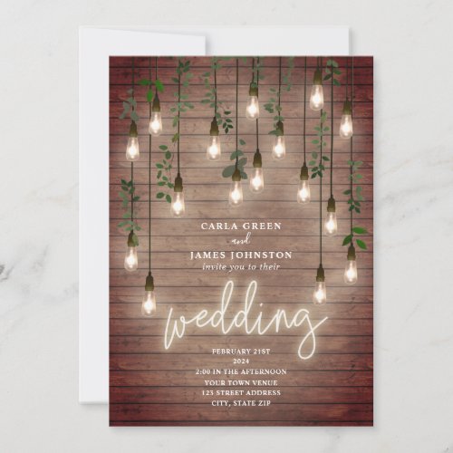Vintage Lightbulbs Neon Sign Wood Wedding Invitation