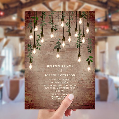 Vintage Lightbulbs Rustic Brick Botanical Wedding Invitation