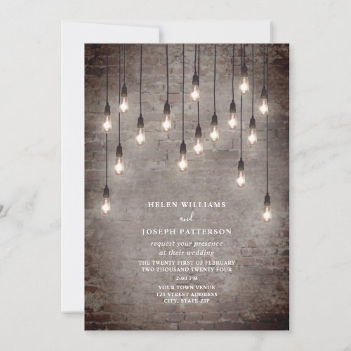 Vintage Lightbulbs Rustic Brick Industrial Wedding Invitation