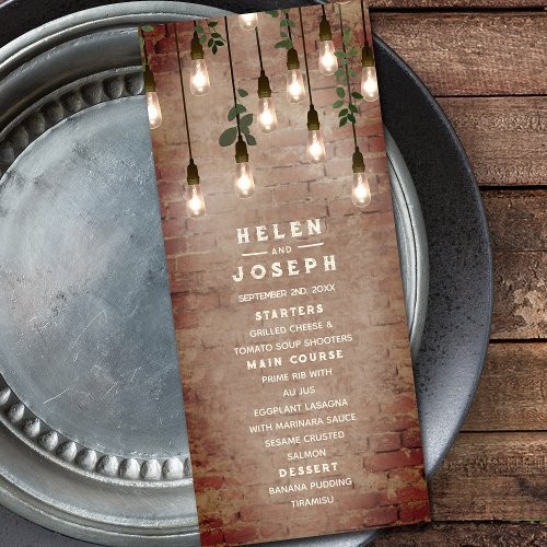 Vintage Lightbulbs Rustic Brick Wedding Menu