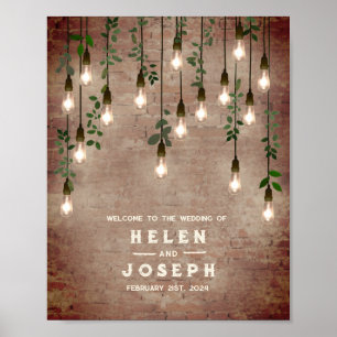 Vintage Lightbulbs Rustic Brick Wedding Welcome Poster
