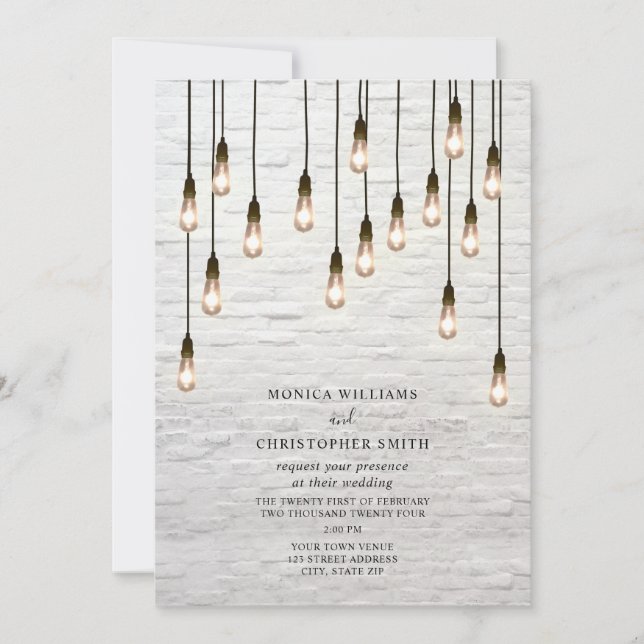Vintage Lightbulbs White Brick Wedding Invitation (Front)