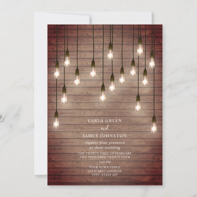 Vintage Lightbulbs Wood Wedding Invitation (Front)