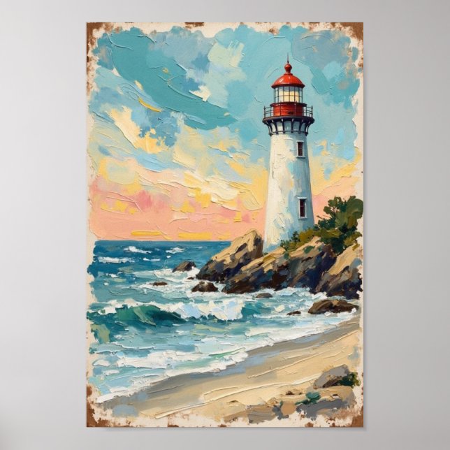 Vintage Lighthouse Coastal Landscape Art Poster (Front)