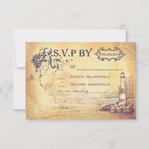 Vintage lighthouse nautical wedding RSVP cards - Cape cod nautical lighthouse wedding reply cards with old parchment background, antique fonts typography and vintage seascape drawing.