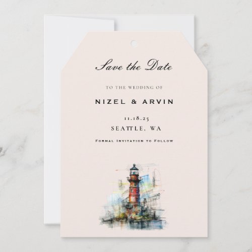 Vintage lighthouse save the date luggage tag shape card