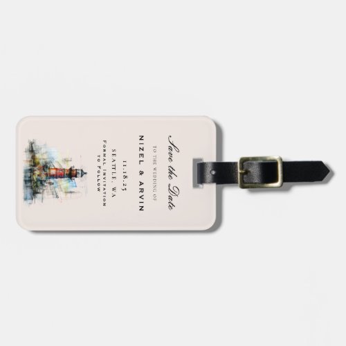 Vintage lighthouse sketch save the date unique luggage tag
