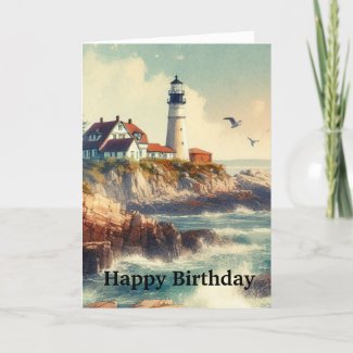 Vintage Lighthouse Watercolor Happy Birthday 