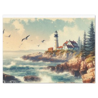 Vintage Lighthouse Waves Rocks 