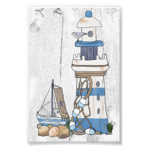 Vintage lighthouse with ship  photo print