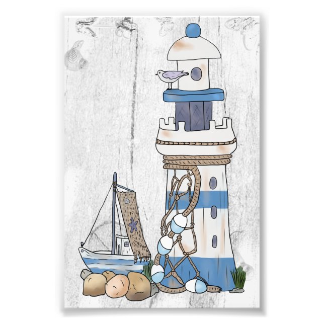 Vintage lighthouse with ship photo print (Front)